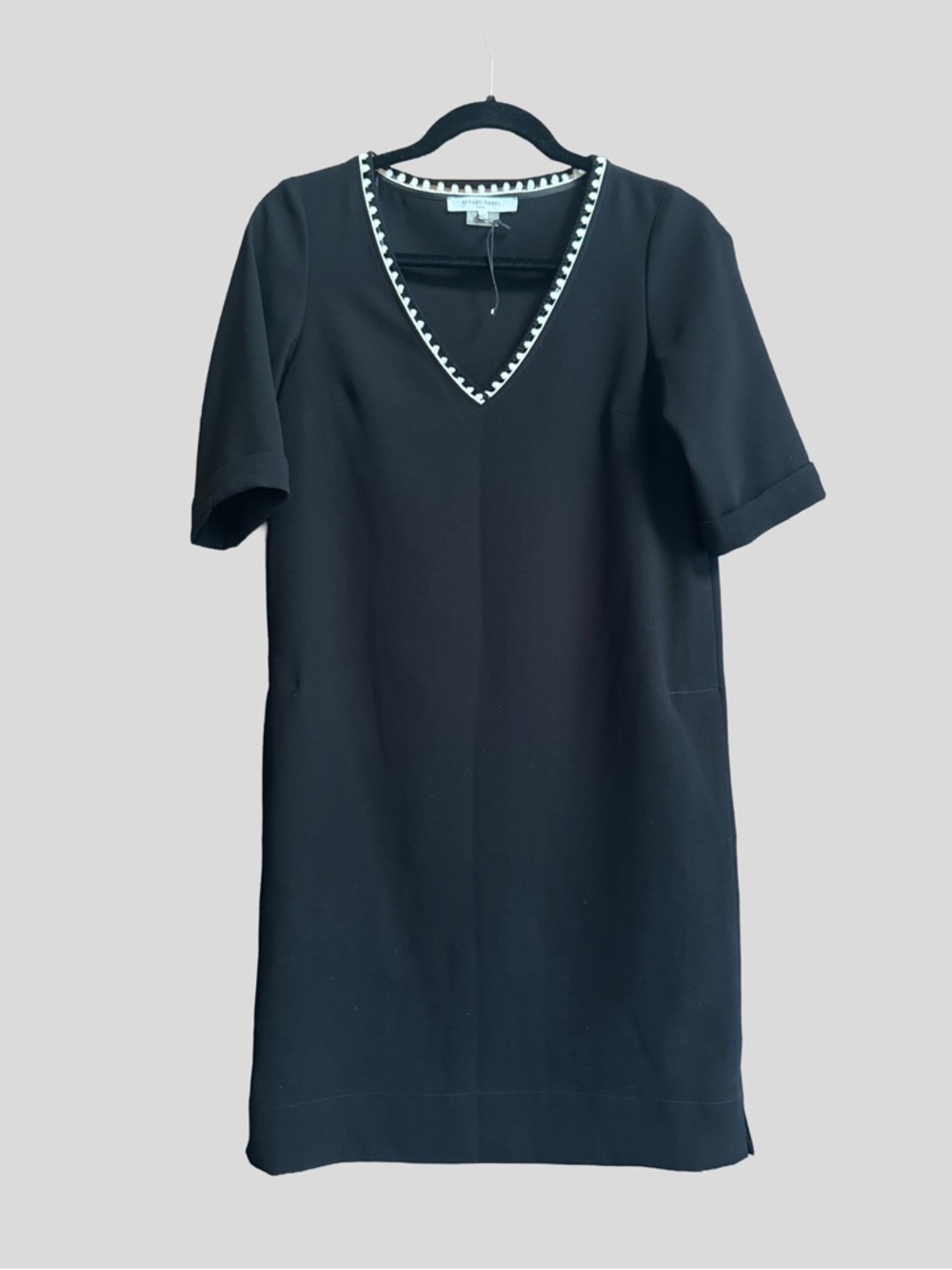 Gerard Darel Paris Black Sheath Dress with Crochet Trim V-Neck Detail